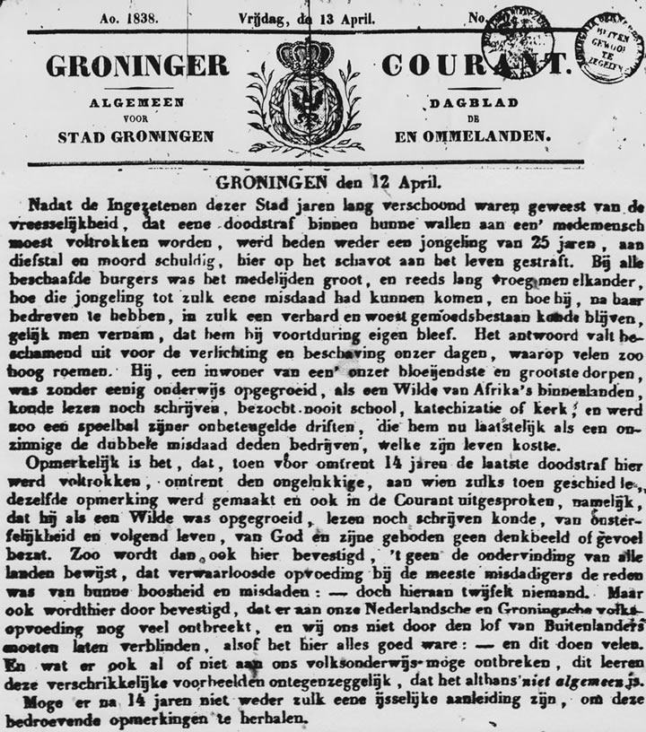 Artikel uit de Groninger Courant van vrijdag 13 april 1838 over de dag waarop Okke Geerts Kluun moest hangen.